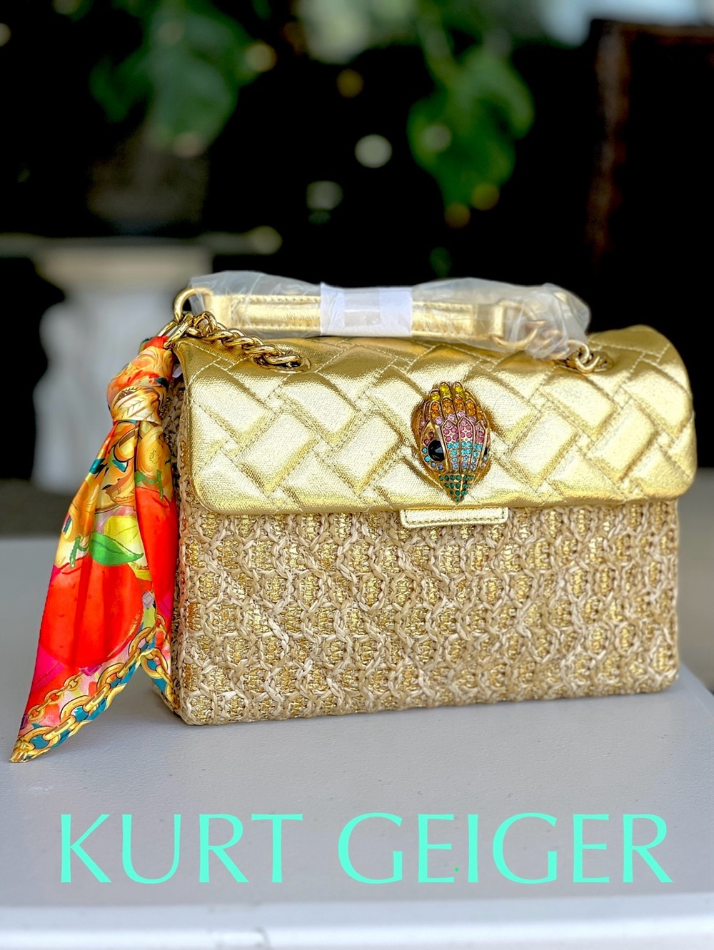 KURT GEIGER Kensington Raffia Textile convertible bag w/ scarf Natural Gold NWT